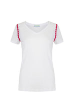 Load image into Gallery viewer, White Organic Cotton V Neck Tennis T-Shirt with Pink Ric Rac