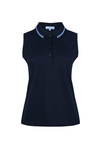 Navy Sleeveless Tennis and Padel Polo With Ric Rac Detail on The Collar