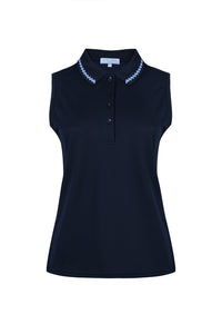 Navy Sleeveless Tennis and Padel Polo With Ric Rac Detail on The Collar