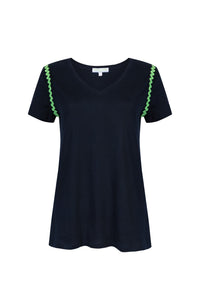Navy Organic Cotton V Neck Tennis T-Shirt with Ric Rac Detail