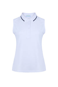 White Sleeveless Tennis and Padel Polo with Ric Rac Detail On The Collar