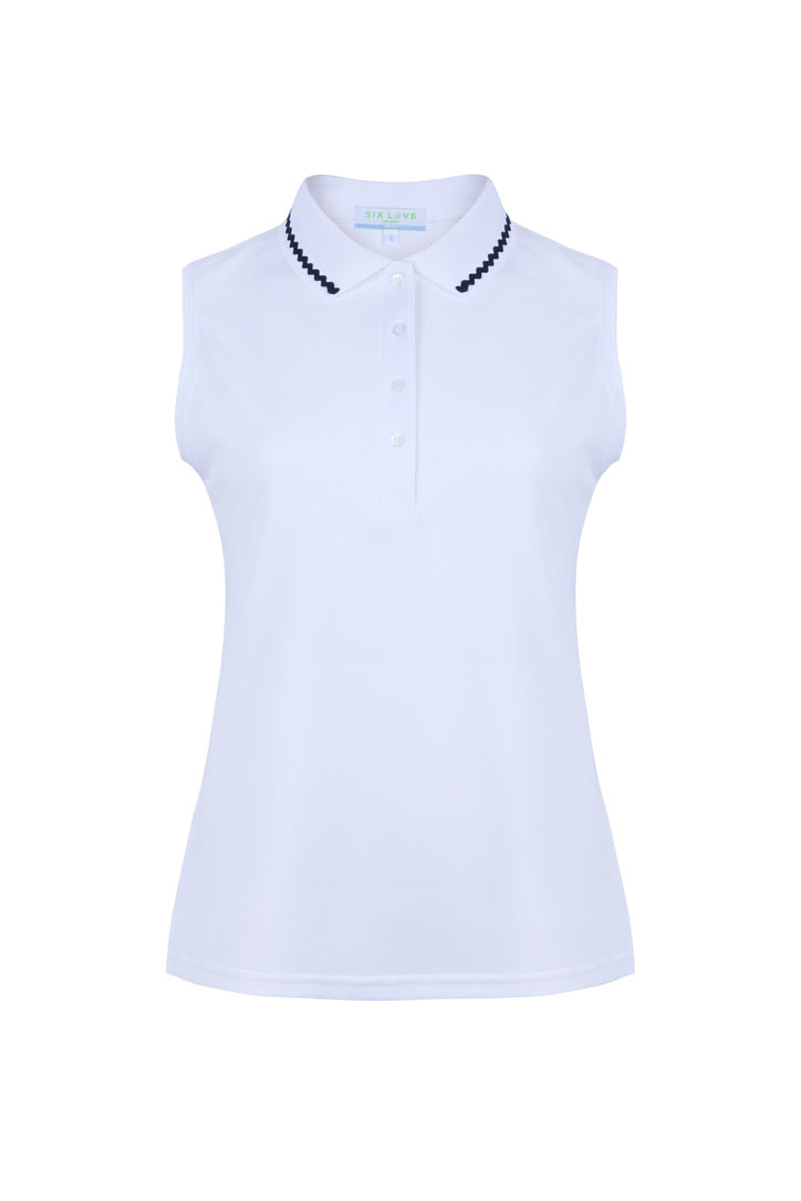 White Sleeveless Tennis and Padel Polo with Ric Rac Detail On The Collar
