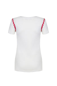 White Organic Cotton V Neck Tennis T-Shirt with Pink Ric Rac