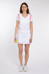 White Organic Cotton V Neck Tennis T-Shirt with Pink Ric Rac