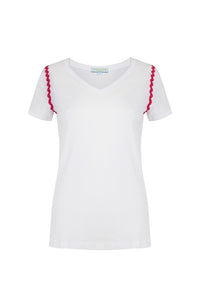 White Organic Cotton V Neck Tennis T-Shirt with Ric Rac Detail