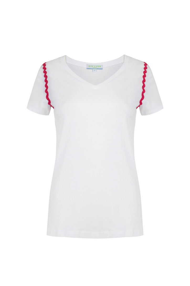 White Organic Cotton V Neck Tennis T-Shirt with Ric Rac Detail