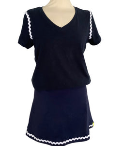 Navy Organic Cotton V Neck Tennis T-Shirt with Ric Rac Detail